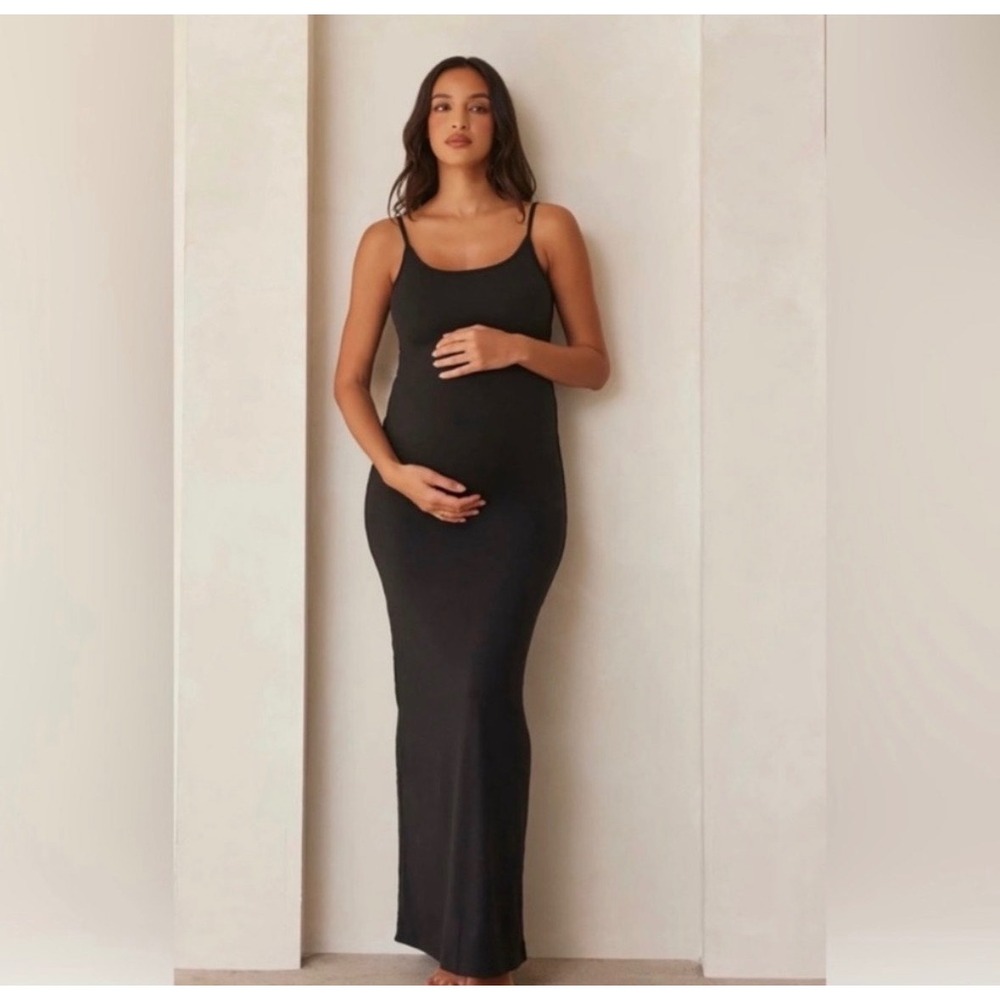Bumpsuit Maternity Maxi Dress Black Ribbed Spaghetti Strap Size XS